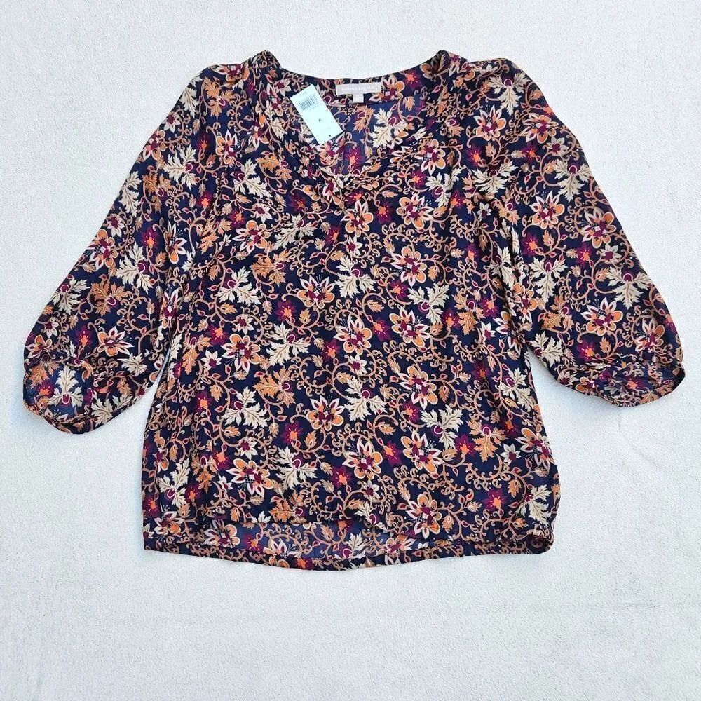 Banana Republic Navy Blue and Orange Floral Blouse